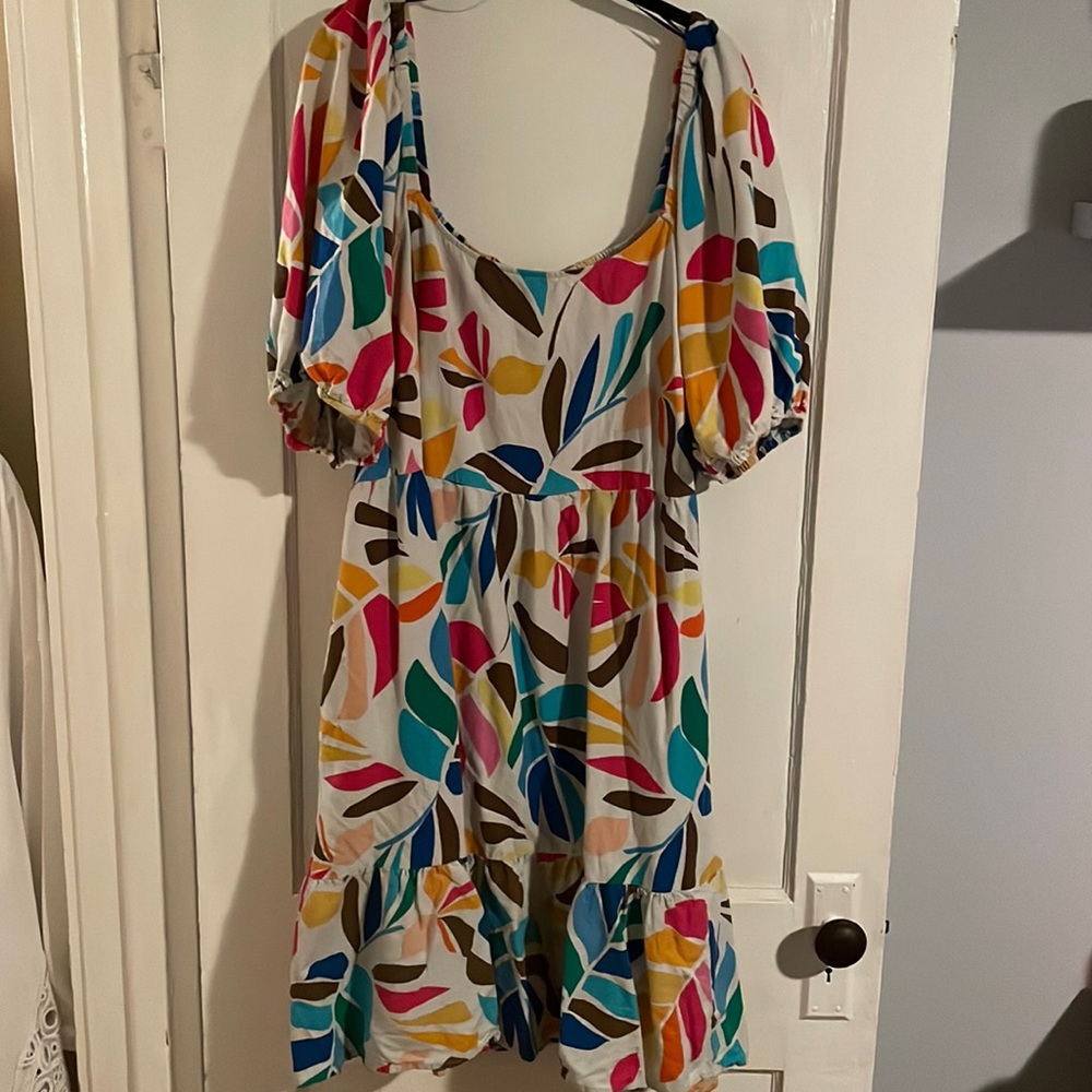 Tabitha Brown Target Multicolor Botanical Print Puff Sleeve Mini Dress